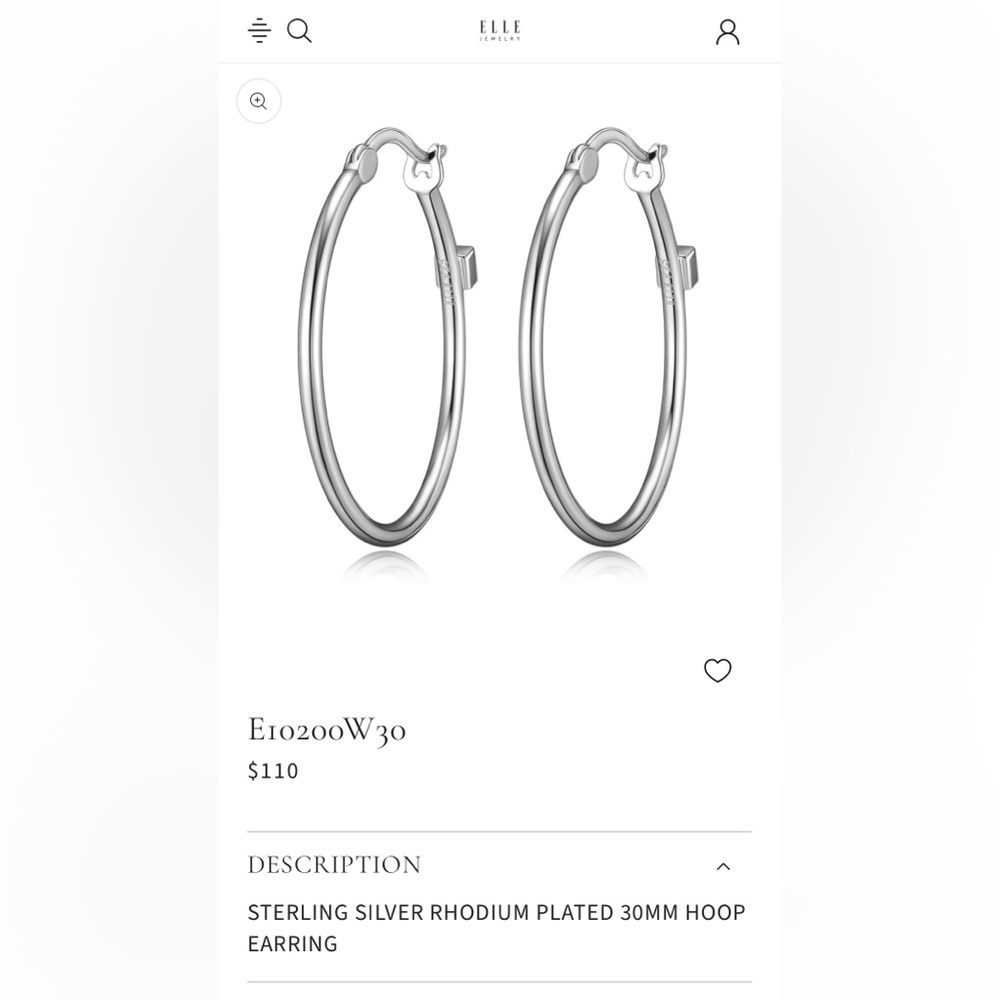Elle Sterling Silver Rhodium Plated Hoop Earrings- 30mm